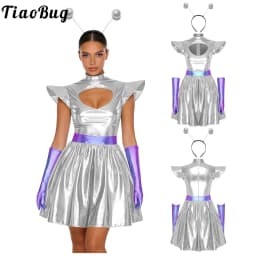 Adult Women Silver Astronaut Costume Alien Tutu Dress Suit Space Cadet Leotards Dress for Halloween Cosplay Theme Party Dress-up