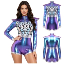 Adult Women Silver Astronaut Costume Alien Tutu Dress Suit Space Cadet Leotards Dress for Halloween Cosplay Theme Party Dress-up