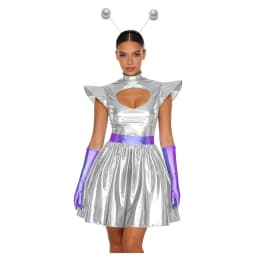 Adult Women Silver Astronaut Costume Alien Tutu Dress Suit Space Cadet Leotards Dress for Halloween Cosplay Theme Party Dress-up