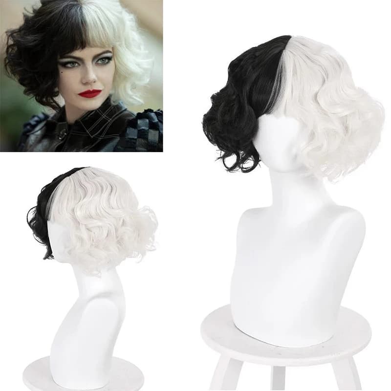 HAIRJOY Synthetic Hair  Cosplay Cruella Loose  Curl Bob with Neat Bang  Black  White Wig  for Women Halloween Costume