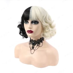 HAIRJOY Synthetic Hair Cosplay Cruella Loose Curl Bob with Neat Bang Black White Wig for Women Halloween Costume