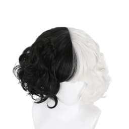 HAIRJOY Synthetic Hair Cosplay Cruella Loose Curl Bob with Neat Bang Black White Wig for Women Halloween Costume