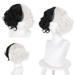 HAIRJOY Synthetic Hair Cosplay Cruella Loose Curl Bob with Neat Bang Black White Wig for Women Halloween Costume