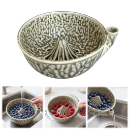 Ceramic Berry Rinse Bowl with Drainage Fruit Washer Spinner 360 Degree Rotating for Home Kitchen Cleaning Berries Vegetables