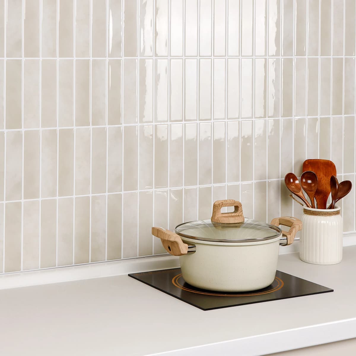 5/10sheets Removable Beige Tile Stickers, No-Glue Peel & Stick Waterproof Decals for Rental Kitchen Bathroom