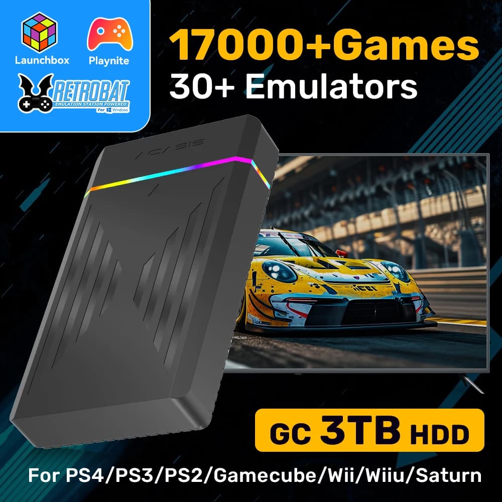 3TB Gaming HDD Playnite&Retrobat&Launchbox Retro Game Console with 17000+ Games for PS4/PS3/PS2/Wii/Wiiu/SS and WIN PC/Laptop