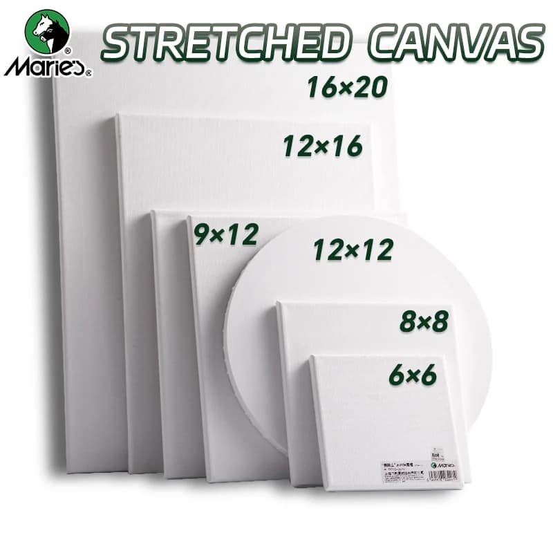 1pc Marie's Stretched Canvas,Primed White Canvas with 6x6/8x8/9x12/12x12/12x16/16x20" and Round 12" for Oil,Acrylic,Tempera