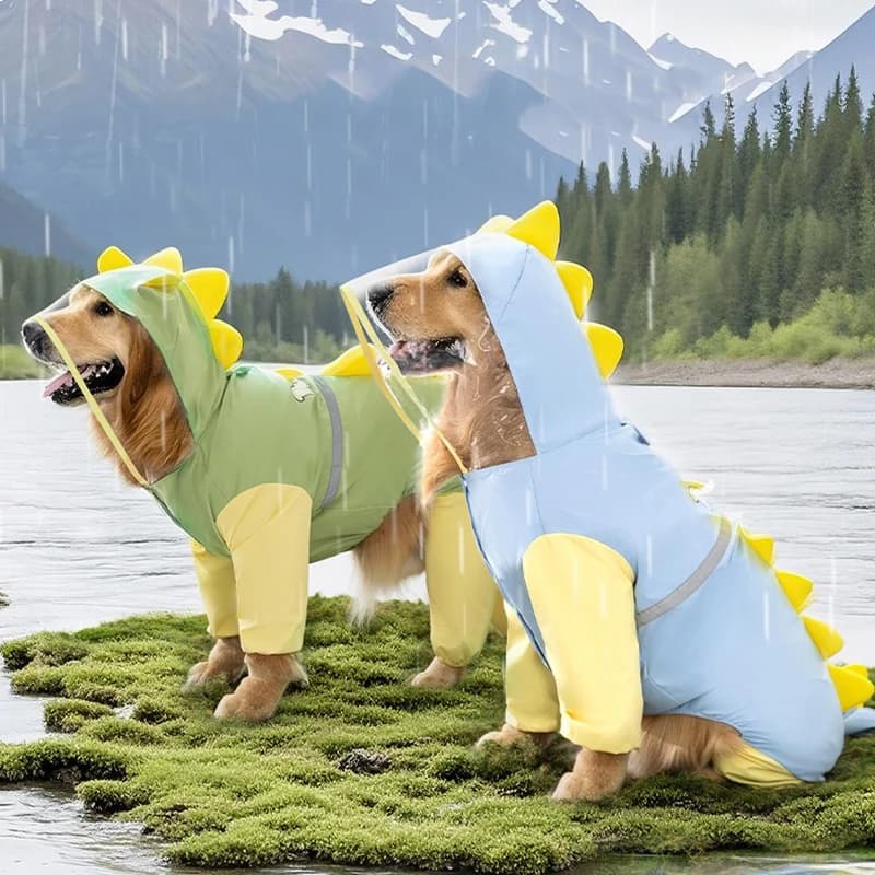 Large Dog Dinosaur Raincoat Golden Retriever Four Legged Waterproof Clothes Pet Summer All Inclusive With Tail Stereo Rain Ponch