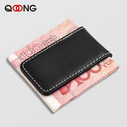 QOONG 2026 Custom Lettering High Quality Leather Money Clip Purse Men Strong Magnetic Black Clip for Money Holder ML1-001