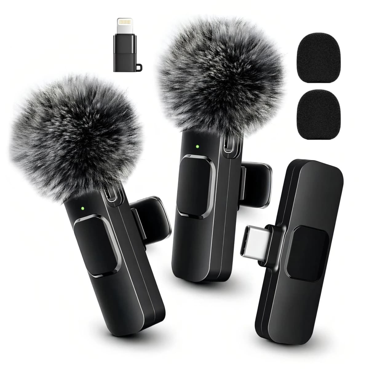 Wireless Mini Lavalier Clip Mic with Furry Windscreen, Dual‑Port Type‑C & Lightning Adapter for iPhone, Android, Tablets, Laptop