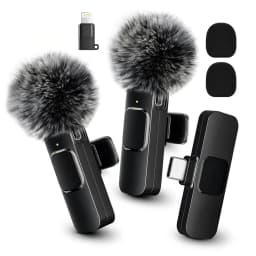 Wireless Mini Lavalier Clip Mic with Furry Windscreen, Dual‑Port Type‑C & Lightning Adapter for iPhone, Android, Tablets, Laptop