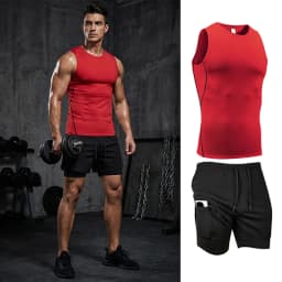 Men's Workout Running Athletic Clothing Set Sleeveless Compression Shirt Tank Top 2-in-1 Gym Shorts with Phone Pocket Towel Loop