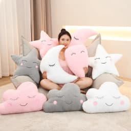 Shy Sky Plush Throw Pillow Stuffed Cloud Moon Star Water Drop Soft Cushion Pink White Grey Colorful Back Support Plushie Decor