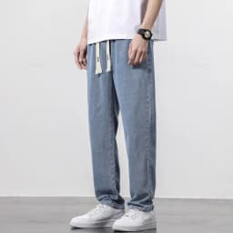 Men's Jeans Cotton Soft Drawstring Straight Pants Elastic Waist Vintage Blue Korea Casual Trousers Male Plus Size S-5XL