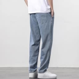Men's Jeans Cotton Soft Drawstring Straight Pants Elastic Waist Vintage Blue Korea Casual Trousers Male Plus Size S-5XL