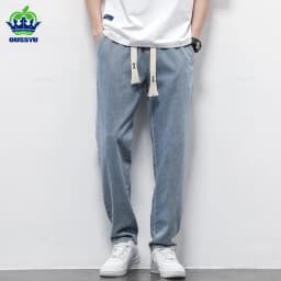 Men's Jeans Cotton Soft Drawstring Straight Pants Elastic Waist Vintage Blue Korea Casual Trousers Male Plus Size S-5XL