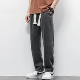 Men's Jeans Cotton Soft Drawstring Straight Pants Elastic Waist Vintage Blue Korea Casual Trousers Male Plus Size S-5XL