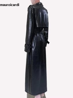 Mauroicardi Spring Autumn Extra Long Shiny Reflective Crocodile Print Pu Leather Trench Coat for Women Luxury Designer Clothes