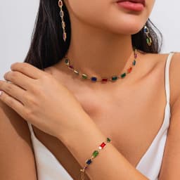 Kity Kiss Women's Colored Gemstone Jewelry Simple Square Double-Sided Vintage Crystal Bracelet Anklet Necklace Jewelry