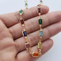 Kity Kiss Women's Colored Gemstone Jewelry Simple Square Double-Sided Vintage Crystal Bracelet Anklet Necklace Jewelry