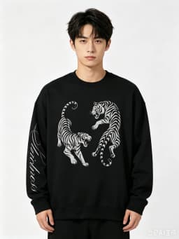Vintage Streetwear Long Sleeve T‑Shirt Men Women 100% Cotton Crew Neck Tee Dual Tiger Graphic Letter Sleeve Print Loose Casual