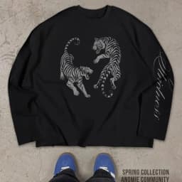Vintage Streetwear Long Sleeve T‑Shirt Men Women 100% Cotton Crew Neck Tee Dual Tiger Graphic Letter Sleeve Print Loose Casual