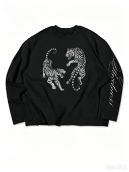 Vintage Streetwear Long Sleeve T‑Shirt Men Women 100% Cotton Crew Neck Tee Dual Tiger Graphic Letter Sleeve Print Loose Casual