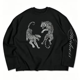 Vintage Streetwear Long Sleeve T‑Shirt Men Women 100% Cotton Crew Neck Tee Dual Tiger Graphic Letter Sleeve Print Loose Casual