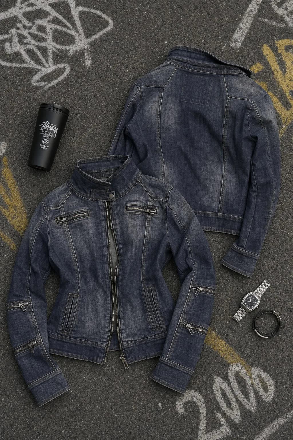 Streetwear Casual Dark Wash Fitted Denim Jacket Women Heavy Multi Zipper High Collar Detail Fashion Coat Top Slim Fit Soft Y2K