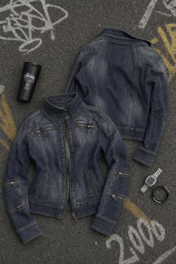 Streetwear Casual Dark Wash Fitted Denim Jacket Women Heavy Multi Zipper High Collar Detail Fashion Coat Top Slim Fit Soft Y2K