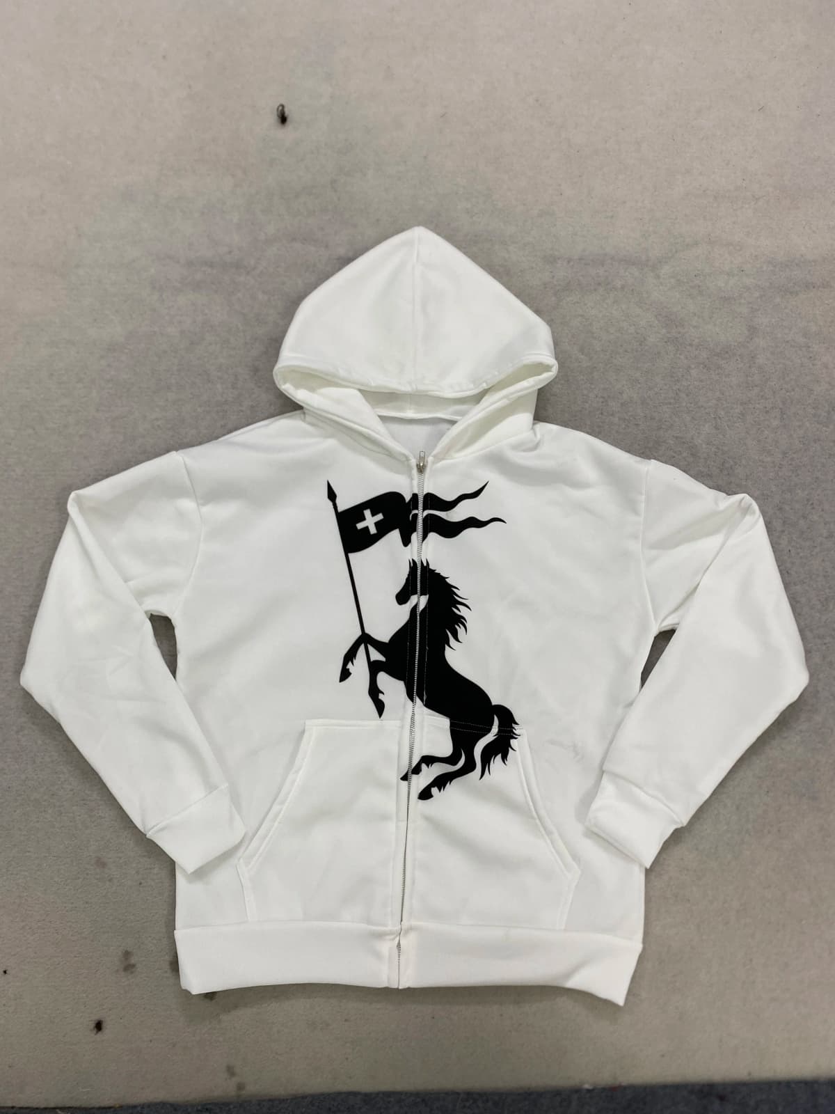 American Street White Black Horse Flag Print Zip‑Up Hooded Jacket Women Loose Drop‑Shoulder Vintage Hip‑Hop Sweatshirt