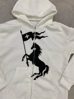 American Street White Black Horse Flag Print Zip‑Up Hooded Jacket Women Loose Drop‑Shoulder Vintage Hip‑Hop Sweatshirt