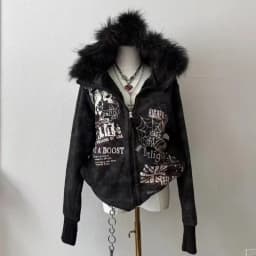 American Retro Rock Gothic Graphic Fur Collar Loose Zipper Sweatshirt Men's Y2K New Harajuku Punk Casual Joker Hoodie Streetwear