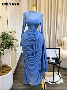 CM.YAYA Women Long Sleeve Streamer Side Bodycon Ruched Pencil Maxi Dress Birthday Vacation Beach Holiday Party Long Dresses