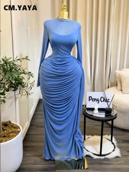 CM.YAYA Women Long Sleeve Streamer Side Bodycon Ruched Pencil Maxi Dress Birthday Vacation Beach Holiday Party Long Dresses