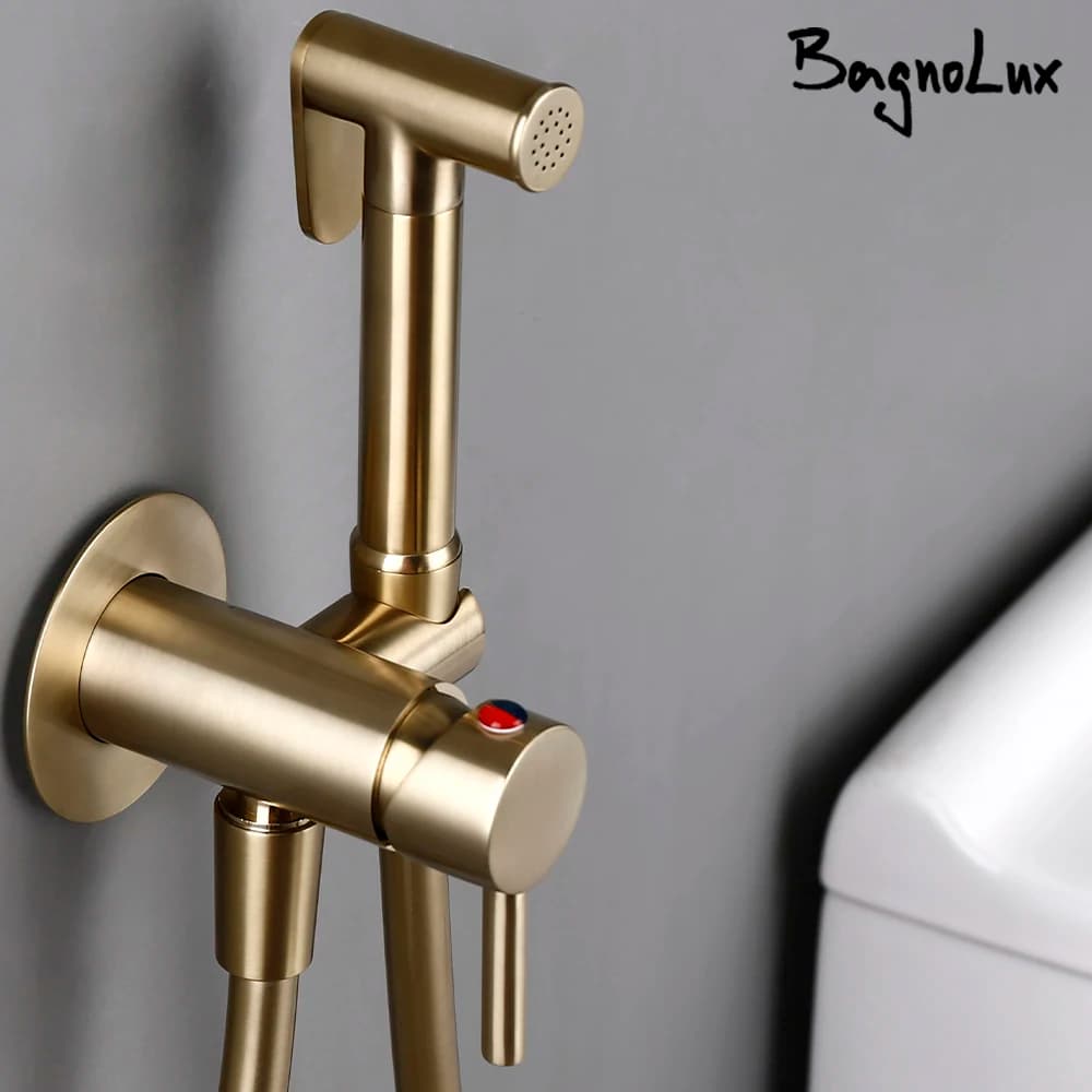 Bagnolux Brushed Gold Toilet Held Bidet Sprayer Kit with Hose and Holder Wall Mounted Hot and Cold Mixed Type Bathroom Faucet