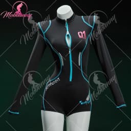 MOBBUNNY Women's Vocal Derivative Sexy Cosplay Cyber Style Tight Sportswear Bodysuit with Hooded Short Jacket and Headdress