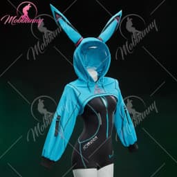 MOBBUNNY Women's Vocal Derivative Sexy Cosplay Cyber Style Tight Sportswear Bodysuit with Hooded Short Jacket and Headdress