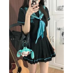 Hatsune Miku Japanese School Uniform Set Women Summer Sailor Suit Top Pleated Skirt Two Pieces Set Dress Polyester Fiber Gift