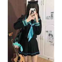 Hatsune Miku Japanese School Uniform Set Women Summer Sailor Suit Top Pleated Skirt Two Pieces Set Dress Polyester Fiber Gift