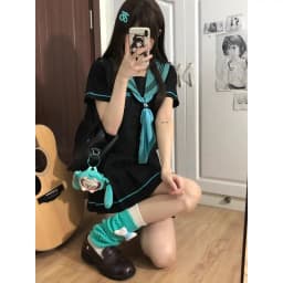 Hatsune Miku Japanese School Uniform Set Women Summer Sailor Suit Top Pleated Skirt Two Pieces Set Dress Polyester Fiber Gift