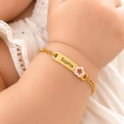 Customized Name Baby Flower Baby Bracelet, 18K Gold Plated Flower ID Bar for Kids Child, Waterproof Tarnish-Free Birthday Gift