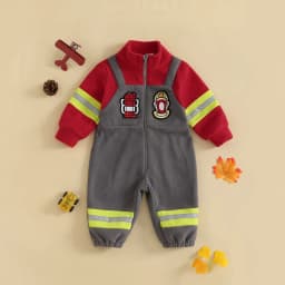 Baby Firefighter Costume Plush Romper Contrast Color Embroidery Long Sleeve Zip Up Jumpsuit