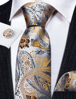 Designer Tie for Mens Gold Silver Paisley Necktie Pocket Square Cufflinks Set Wedding Gift Elegant Corbatas 6235