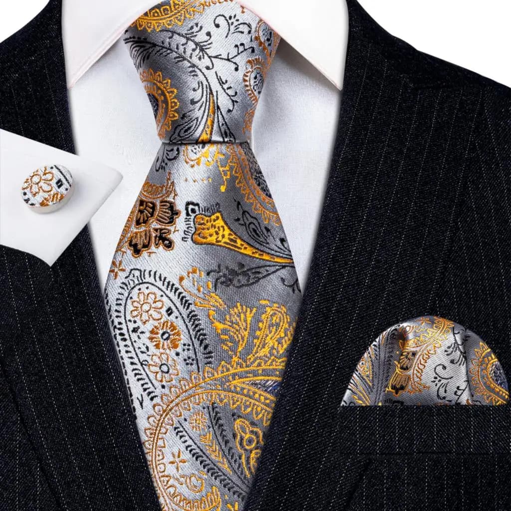 Designer Tie for Mens Gold Silver Paisley Necktie Pocket Square Cufflinks Set Wedding Gift Elegant Corbatas 6235