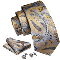 Designer Tie for Mens Gold Silver Paisley Necktie Pocket Square Cufflinks Set Wedding Gift Elegant Corbatas 6235