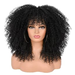 Afro Curly Wigs for Black Women Kinky Curly Wig with Bangs Short Curly Bob 16 Inch Black Brown Natural Looking Synthetic Hair