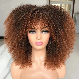 Afro Curly Wigs for Black Women Kinky Curly Wig with Bangs Short Curly Bob 16 Inch Black Brown Natural Looking Synthetic Hair