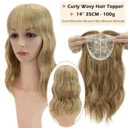 Snoilite Synthetic 14" Topper Hair Piece Real Thick Wavy Wig With Bangs Top Toupee Clip in Hair Extensions Black Brown Blonde