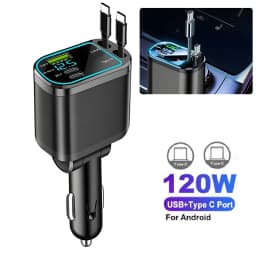 120W Car Charger with Roof Starlight Fast Charging Retractable Cable & 2 Charging Ports Voltage Phone Charger For IOS Android